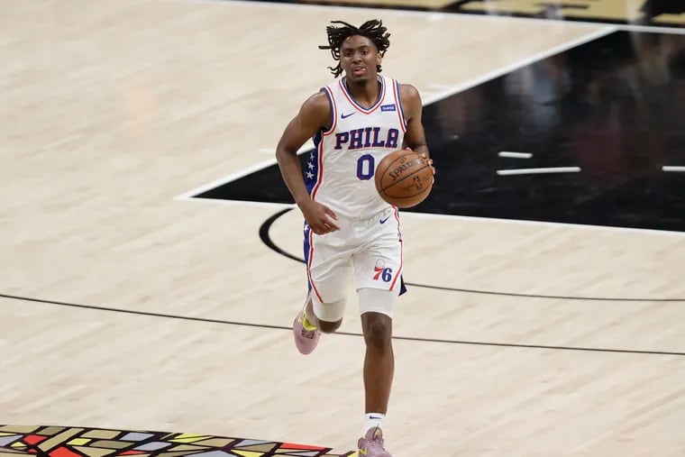 Sixers guard Tyrese Maxey dribbles the basketball against the Atlanta Hawks in Game 6 of the NBA Eastern Conference playoff semifinals on Friday.