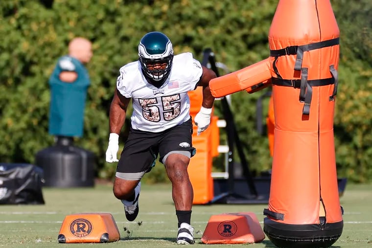 Eagles defensive end Brandon Graham runs drills during training camp at the NovaCare Complex on Saturday, July 31, 2021.