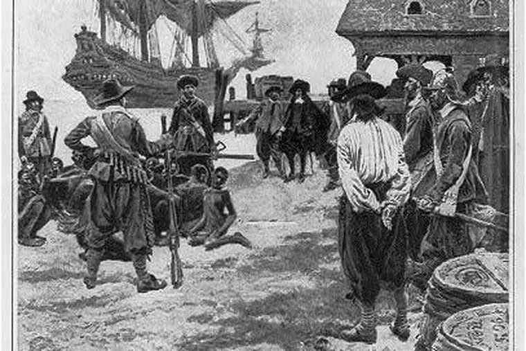 This is a reproduction of a painting,  "Landing Negroes at Jamestown from Dutch man-of-war, 1619" that was published in Harper's Monthly  Magazine in January 1901. From the Library of Congress.