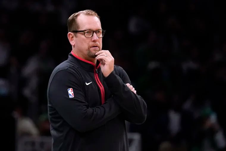 Toronto Raptors coach Nick Nurse watches play during the first half of the team's NBA preseason basketball game against the Boston Celtics, Wednesday, Oct. 5, 2022, in Boston.