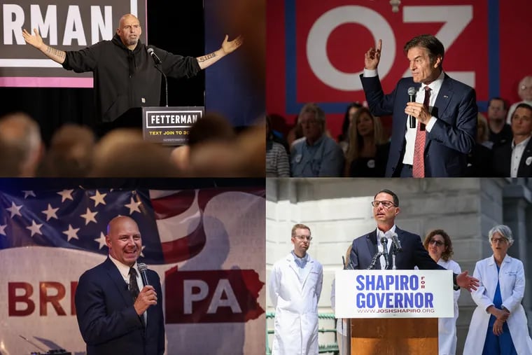 From top left, clockwise: U.S. Senate candidate John Fetterman; U.S. Senate candidate Mehmet Oz; gubernatorial candidate Josh Shapiro; gubernatorial candidate Doug Mastriano.