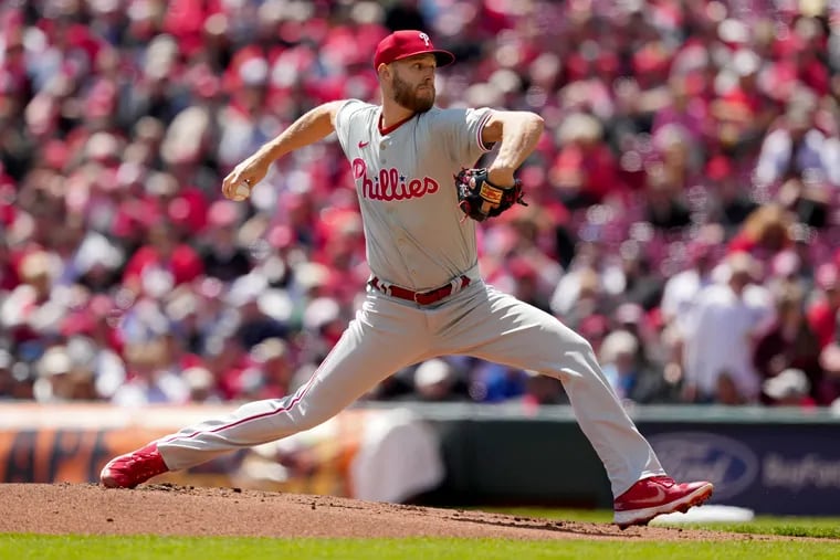 Zack Wheeler #45 of the Philadelphia Phillies pitches in the first inning against the Cincinnati Reds at Great American Ball Park on April 25, 2024 in Cincinnati, Ohio.