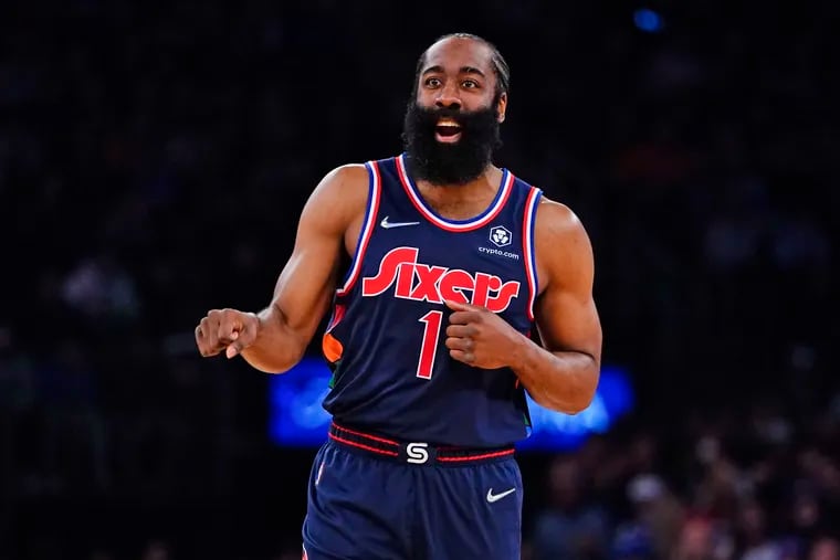 Philadelphia 76ers' James Harden (1) calls out to his teammate during the first half of the game against the New York Knicks Sunday, Feb. 27, 2022, in New York.