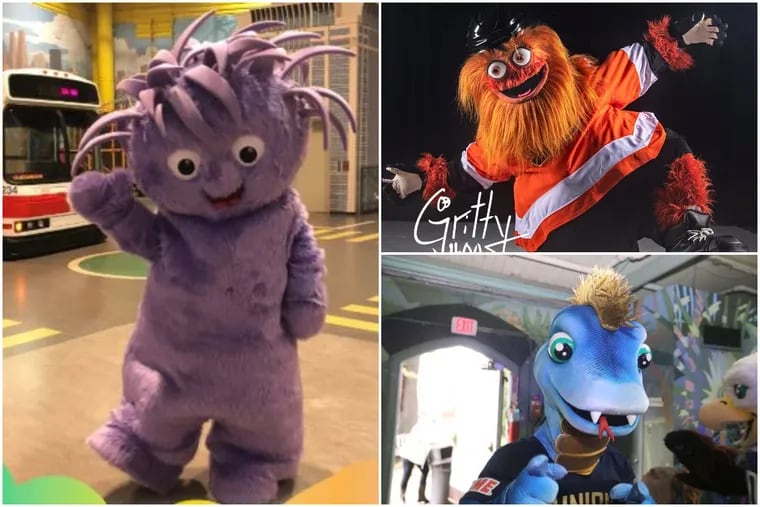 The Philly mascot class of fall 2018 includes the Please Touch Museum's Squiggles, at left; the Flyers' Gritty, top right; and Phang of the Philadelphia Union, at bottom right.