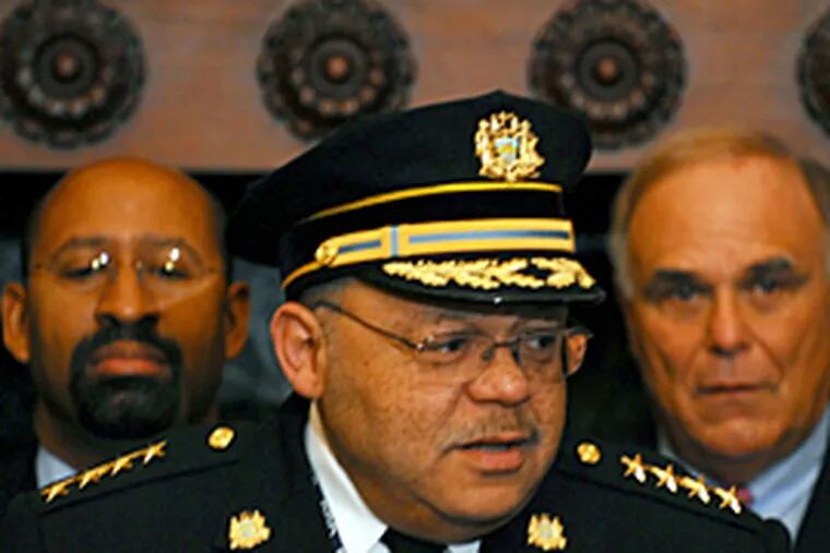Police Commissioner Charles Ramsay speaks today about  the impact of funding that will deploy more officers in the city. At rear is Mayor Michael Nutter,left, and Gov. Ed Rendell. (Sarah J. Glover / Inquirer)