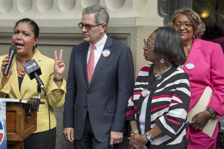 Democratic District Attorney candidate Larry Krasner is endorsed by Councilwoman Maria Quiñones Sánchez (left) former City Councilwoman Marian Tasco (second from right) and State Rep. Isabella Fitzgerald (right) outside the DA&#039;s Office May 1, 2017.