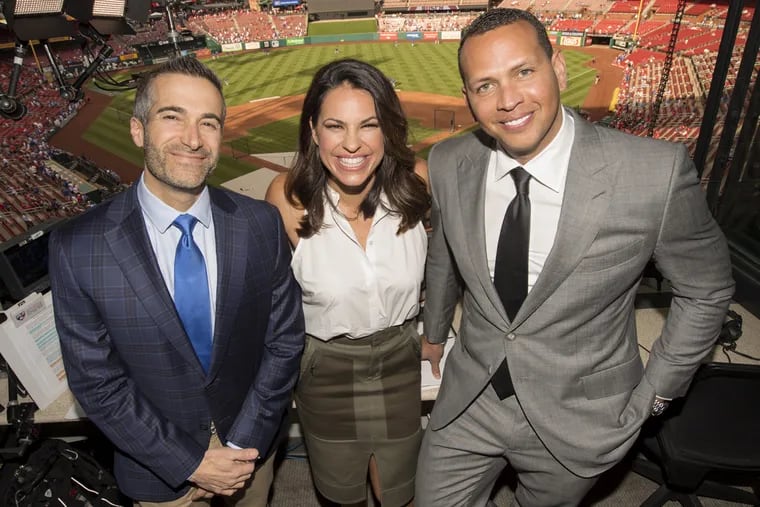 (From left to right) Matt Vasgersian, Jessica Mendoza and Alex Rodriguez in the booth at Busch Stadium during a 'Sunday Night Baseball' game on May 6.