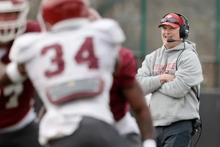 Offensive coordinator-quarterbacks coach Danny Langsdorf looks on during Temple's annual Cherry and White football game at Temple’s Edberg-Olson Field on April 8.