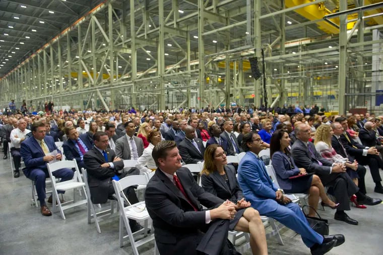 Attendees gather in Holtec's cavernous factory for the ribbon cutting ceremony of its new Krishna P. Singh Technology Campus in South Camden in 2017.