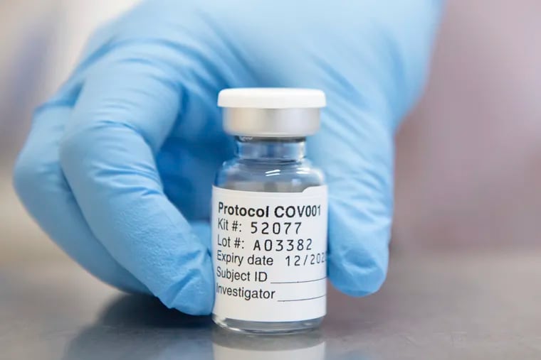 A vial of coronavirus vaccine developed by AstraZeneca and Oxford University, in Oxford, England.