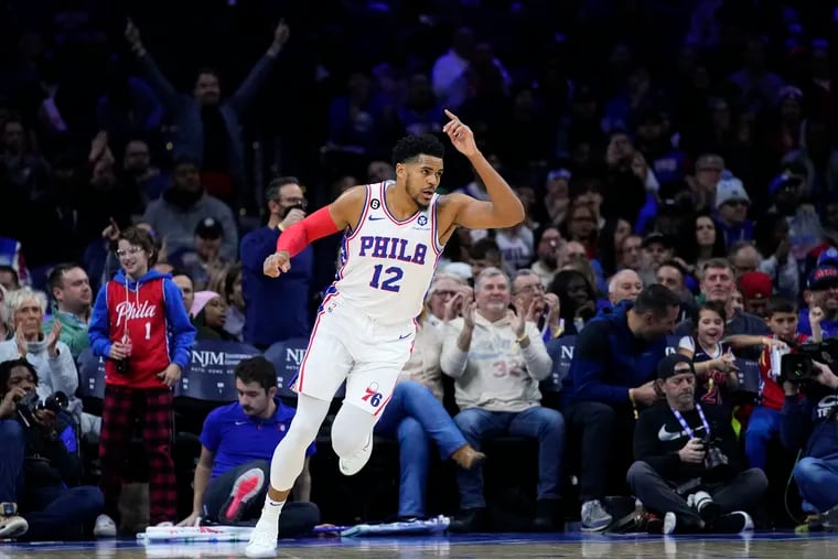 Philadelphia 76ers' Tobias Harris reacts after a basket during the first half of an NBA basketball game against the Toronto Raptors, Monday in Philadelphia.