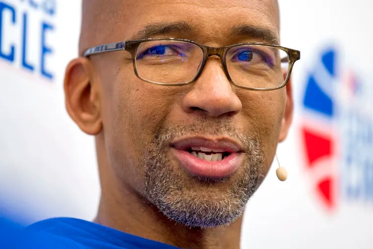 Sixers assistant coach Monty Williams talks to the media during Brett Brown's fourth annual coaching clinic at the team's training complex in Camden Monday.