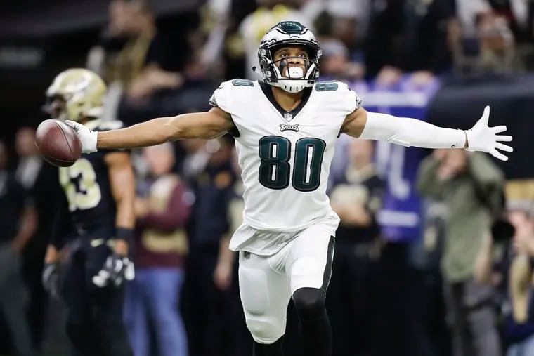 Jordan Matthews of the Eagles celebrates a touchdown reception against the New Orleans Saints in the playoffs last January.
