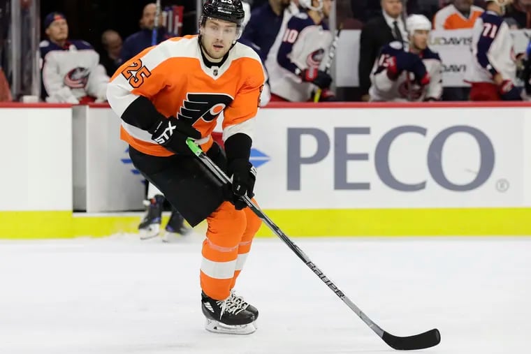 Flyers left wing James van Riemsdyk skates against the Columbus Blue Jackets on Thursday, December 6, 2018 in Philadelphia.