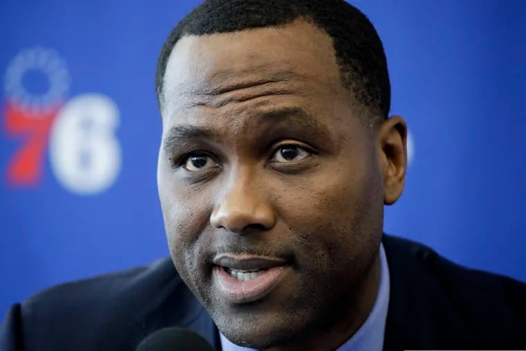 Philadelphia 76ers general manager Elton Brand speaks with members of the media during a news conference.
