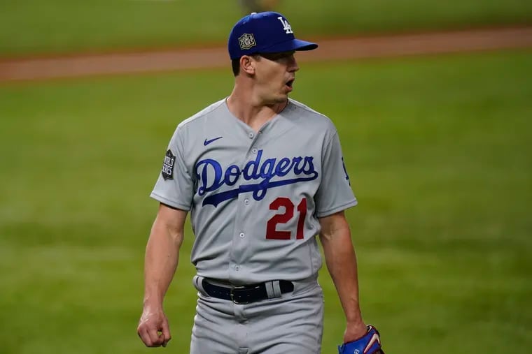 Dodgers starting pitcher Walker Buehler celebrates the end of the third inning against the Tampa Bay Rays in Game 3 of the World Series on Friday.