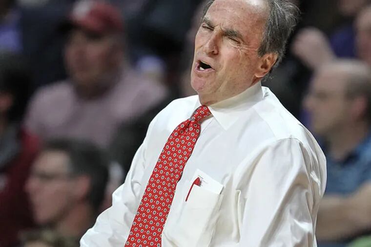 Temple's head coach Fran Dunphy not happy with a call against his team while playing Cincinnati. (Steven M. Falk/Staff Photographer)