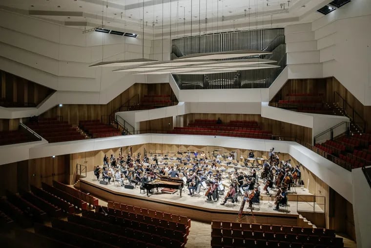 The Curtis Symphony Orchestra at rehearsal Wednesday in Dresden’s newly renovated Kulturpalast prior to its evening concert. (Photo: Oliver Killig)