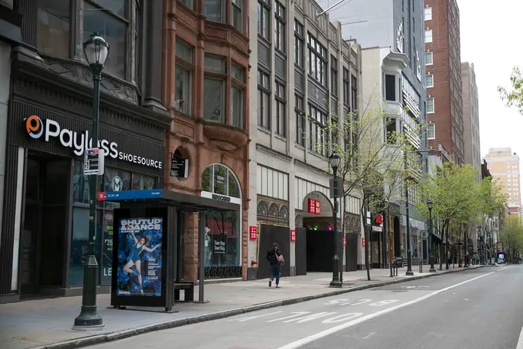 Shuttered stores along Chestnut Street near 16th Street in Center City Philadelphia are among the nonessential businesses Pennsylvania ordered to close due to the COVID-19 pandemic.