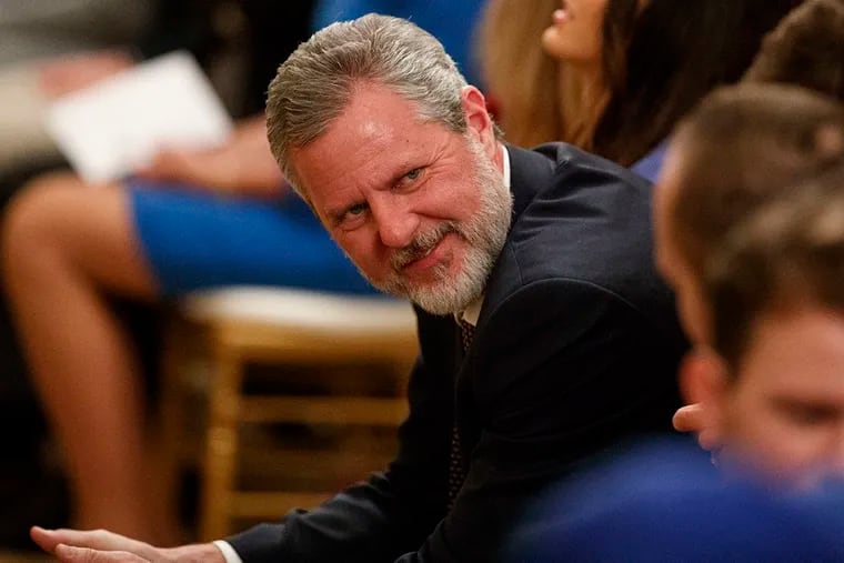 In this March 21, 2019 file photo, Jerry Falwell Jr., president of Liberty University, waits for the arrival of President Donald Trump to sign an executive order.