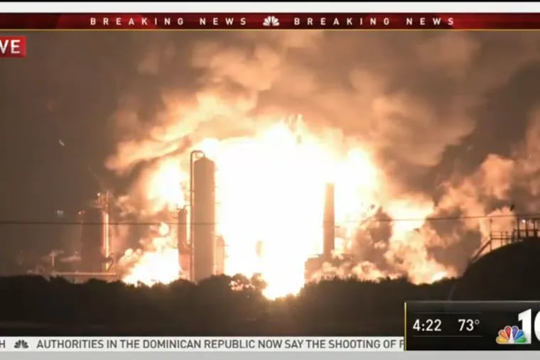 An explosion at the Philadelphia Energy Solutions refinery in South Philadelphia, as captured by NBC10, on the morning of June 21, 2019.