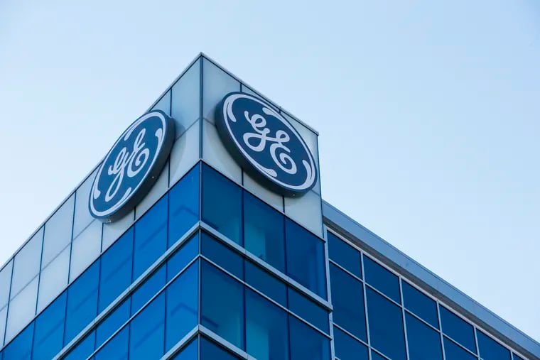 The General Electric logo is displayed at the top of their Global Operations Center in the Banks development of downtown Cincinnati.