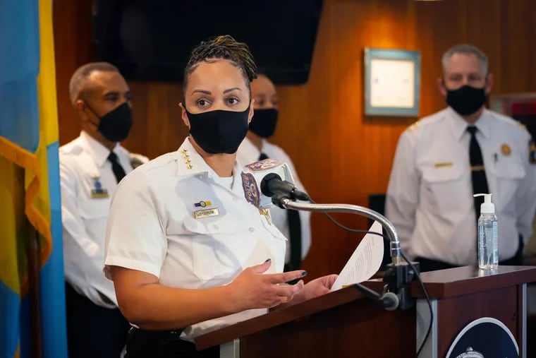 Philadelphia Police Commissioner Danielle Outlaw speaks a press conference about the increased number of shootings in the City of Philadelphia, at the Police Administration Building in Philadelphia, on October 6, 2020.