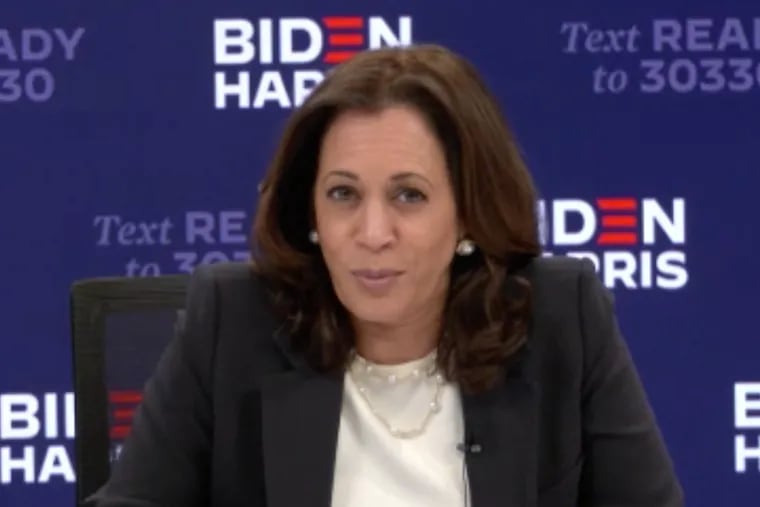Democratic vice-presidential candidate Kamala Harris in a Zoom interview with Inquirer columnist Solomon Jones.