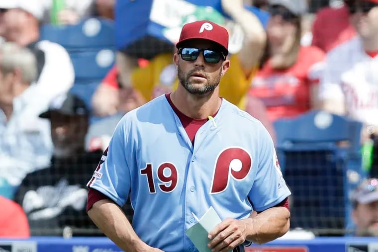 Phillies Manager Gabe Kapler players changes against the Milwaukee Brewers on Thursday, May 16, 2019 in Philadelphia.