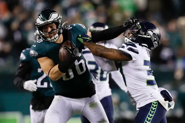 Nothing came easy for Eagles tight end Zach Ertz last season. Here he is shown fighting for extra yardage in the team's January playoff loss to Seattle.