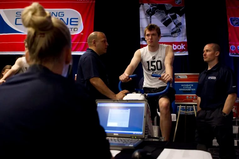 Current Flyers center Sean Couturier undergoing a test on a stationary bike at the 2011 NHL draft combine.