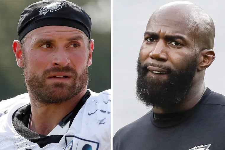 Eagles defensive end Chris Long (left) and safety Malcolm Jenkins criticized President Trump’s comments following a deadly rally in Charlottesville.