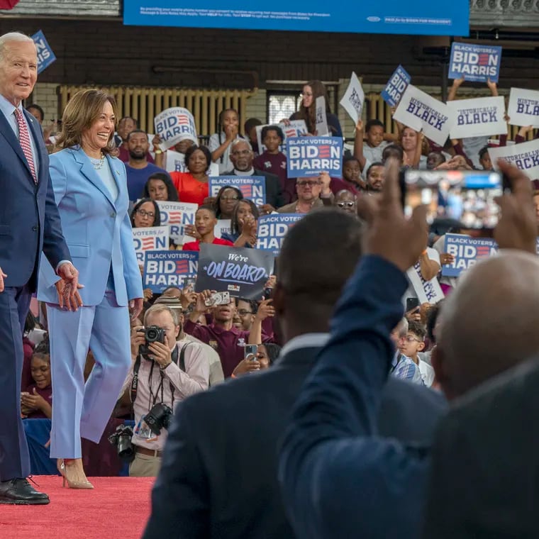 President Joe Biden and Vice President Kamala Harris arrive at Girard College on Wednesday for a campaign rally.