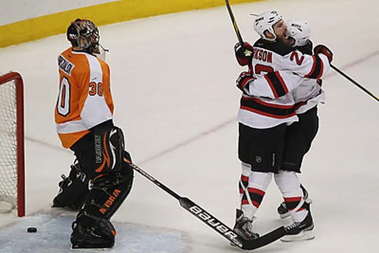 The Devils' go-ahead goal snuck by Flyers goalie Ilya Bryzgalov in the first period. (Yong Kim/Staff Photographer)