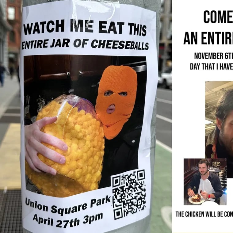 A masked New York man plans to eat an entire jar of cheese balls at Union Square Park this weekend. Philadelphians say it's a poor attempt to copy Alexander Tominsky's viral "Chicken Man" event.
