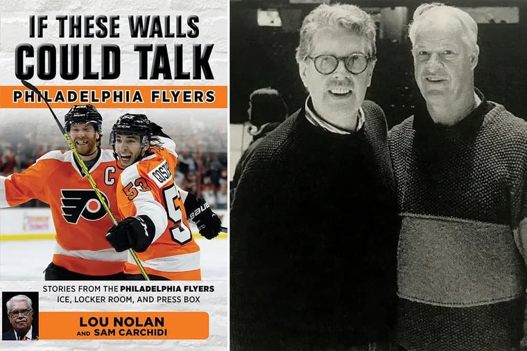The cover of Lou Nolan’s book (left), and Nolan with hockey great Gordie Howe (right).