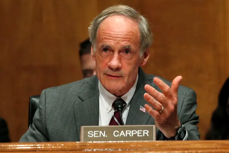 Sen. Thomas Carper, D-Del., asks a question of Homeland Security Secretary Kirstjen Nielsen as she testifies to the Senate Homeland Security Committee, Tuesday, May 15, 2018, on Capitol Hill in Washington.