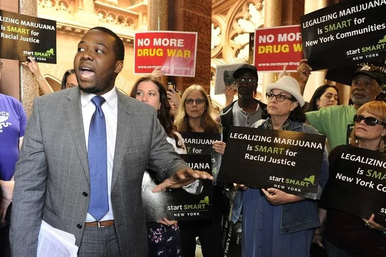 Chris Alexander, policy coordinator for the Drug Policy Alliance, advocates for marijuana legislation at the state Capitol in Albany, New York. Supporters say the bill would promote social justice and equity.