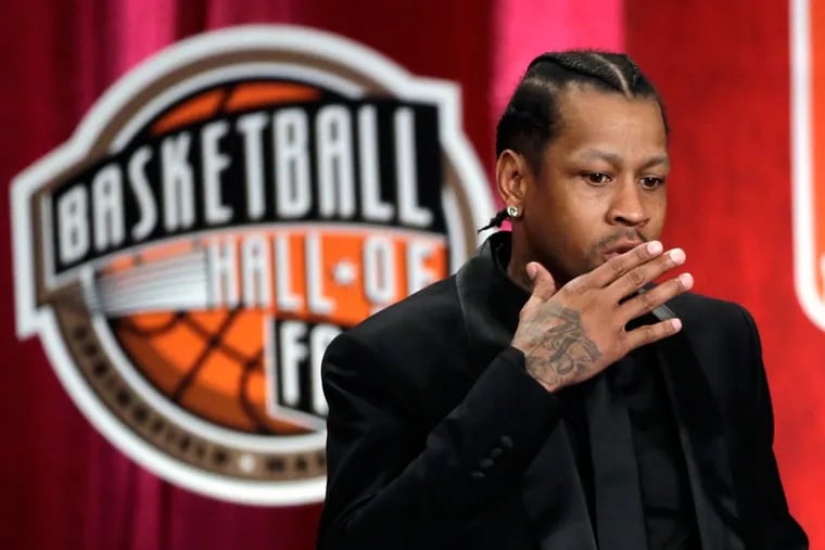 2016 Basketball Hall of Fame inductee Allen Iverson blows a kiss during induction ceremonies at Symphony Hall on Friday, Sept. 9, 2016, in Springfield, Mass.