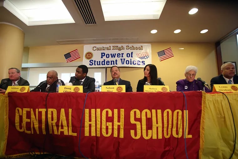 Mayoral candidates speak during the Central High School forum in Philadelphia on Tuesday, March 31, 2015. ( STEPHANIE AARONSON / Staff photographer )