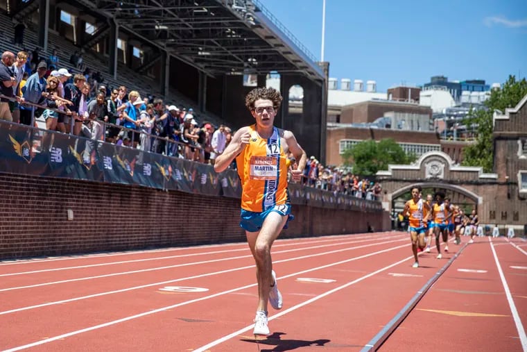 Archbishop Wood’s Gary Martin, positioned in first on the third lap for the one mile run championship at the New Balance Nationals Outdoor at Franklin Field in Philadelphia, Pa., on Sunday, June 19, 2022.