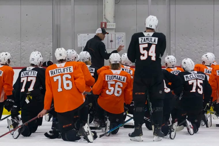 New Lehigh Valley Phantoms coach Ian Laperriere talked to the Flyers' prospects during camp in September. The Phantoms are 0-5-2.