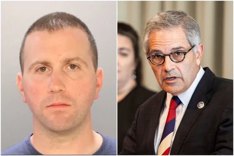 Ryan Pownall, left, a former Philadelphia police officer, and District Attorney Larry Krasner, right, who decided to charge Pownall with murder over an on-duty shooting that killed David Jones after a traffic stop in North Philadelphia in 2017.
