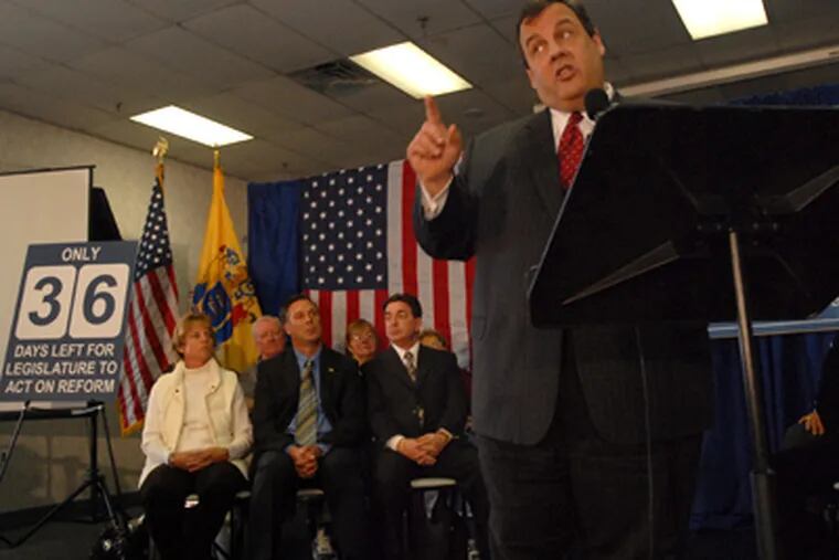 Gov. Christie speaks at a town-hall gathering in the Washington Township Municipal Building. (April Saul / Staff Photographer)