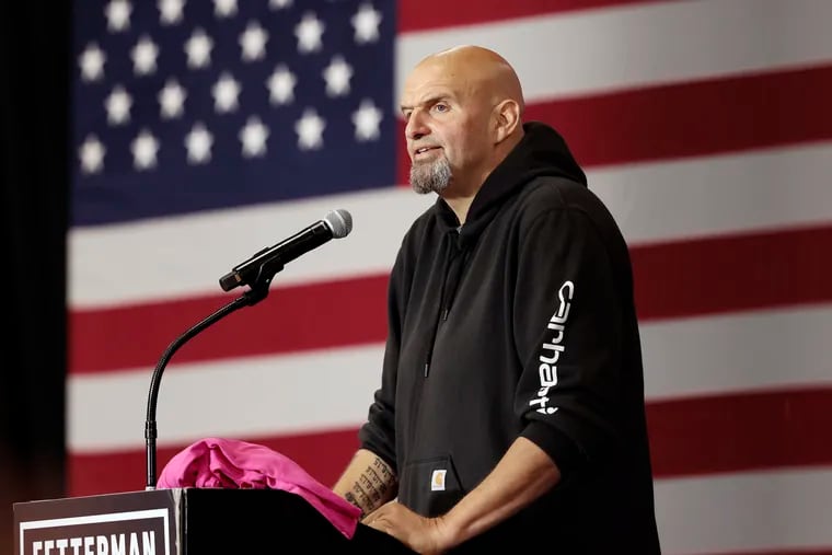 Pennsylvania U.S. Senate candidate and Lt. Gov. John Fetterman speaking during his rally at Montgomery County Community College in Blue Bell on Sunday.