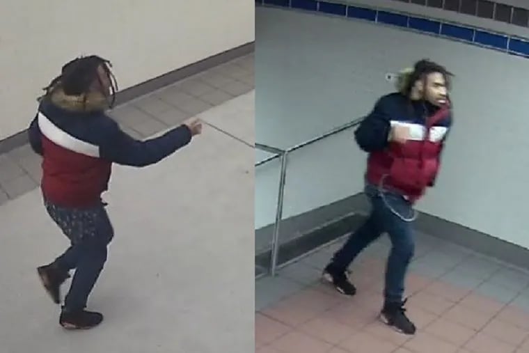 Images from surveillance video of suspect sought by police in sexual assault at Love Park on Jan. 25.