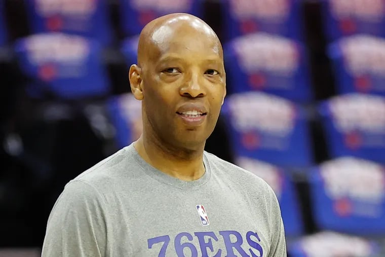 Sixers Assistant Coach Sam Cassell during warm ups before the Sixers played the Brooklyn Nets in Game 2 in the first round Eastern Conference playoffs.