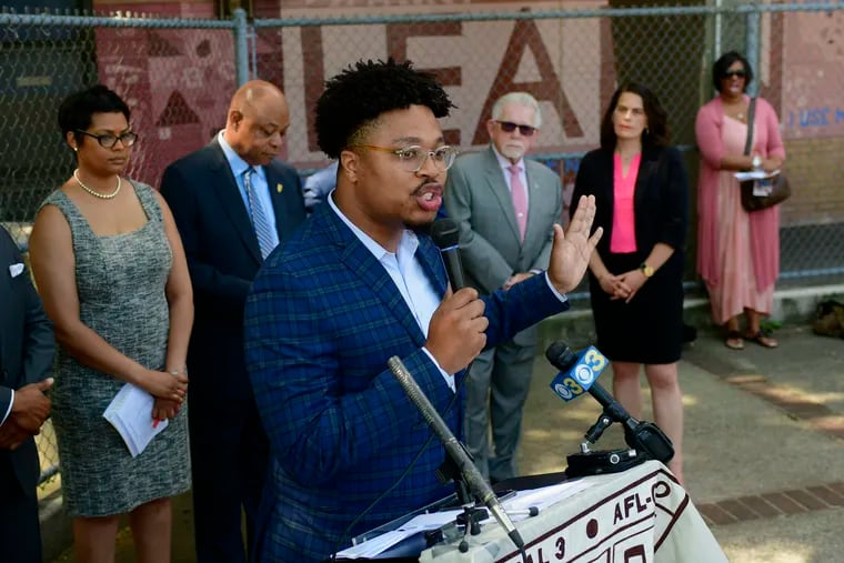 Rep. Malcolm Kenyatta speaks as the Fund Our Facilities Coalition unveils a School Emergency Repair Program, at Richard Wright Elementary School, on Wednesday, May 29.