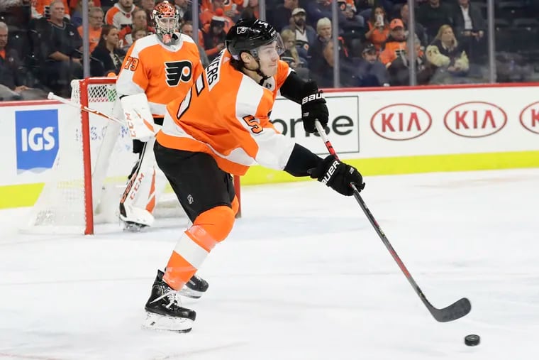 Flyers defenseman Phil Myers heading down the ice in a recent game.