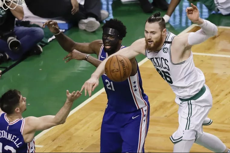 Celtics center Aron Baynes, right, should have been called for a late foul in Game 5, the NBA said.